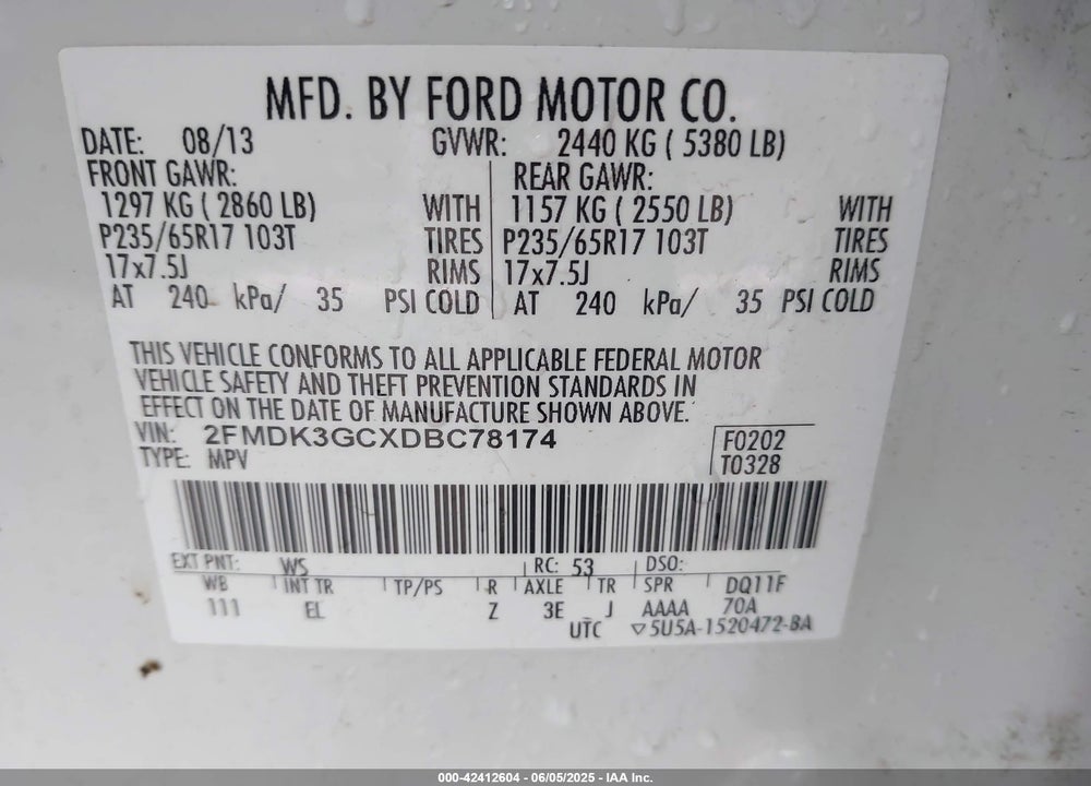 2013 FORD EDGE VIN: 2FMDK3GCXDBC78174