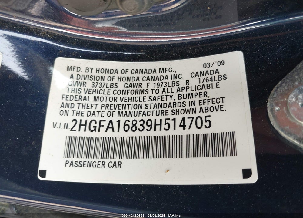 2009 HONDA CIVIC VIN: 2HGFA16839H514705