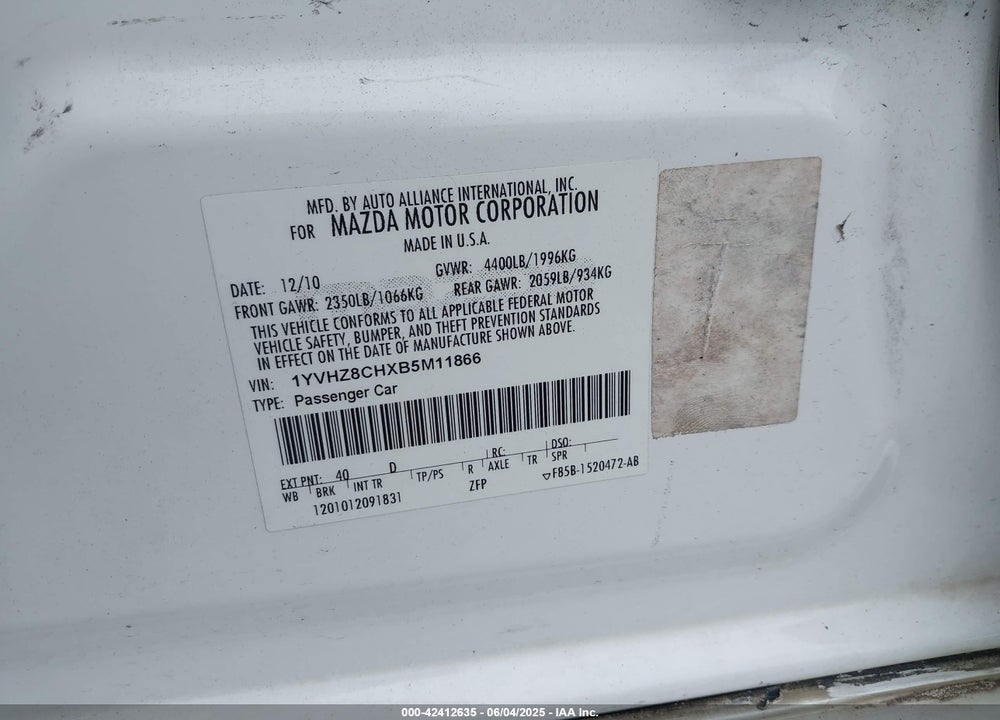 2011 MAZDA MAZDA6 VIN: 1YVHZ8CHXB5M11866