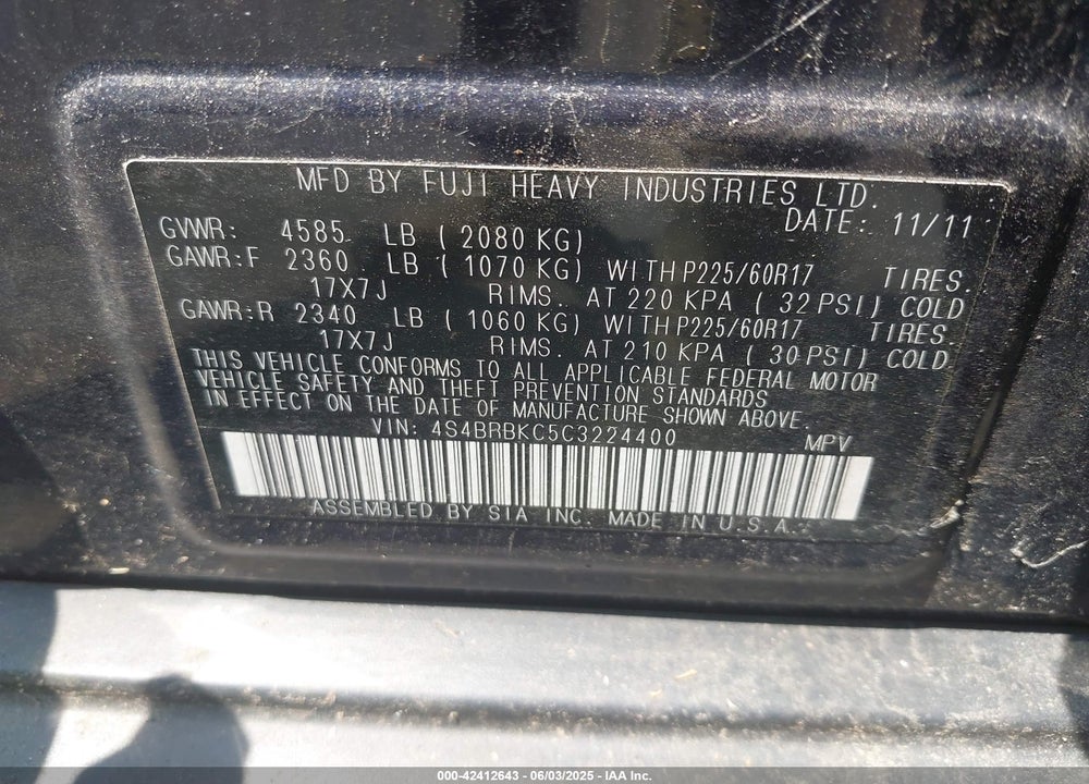 2012 SUBARU OUTBACK 2.5I LIMITED VIN: 4S4BRBKC5C3224400