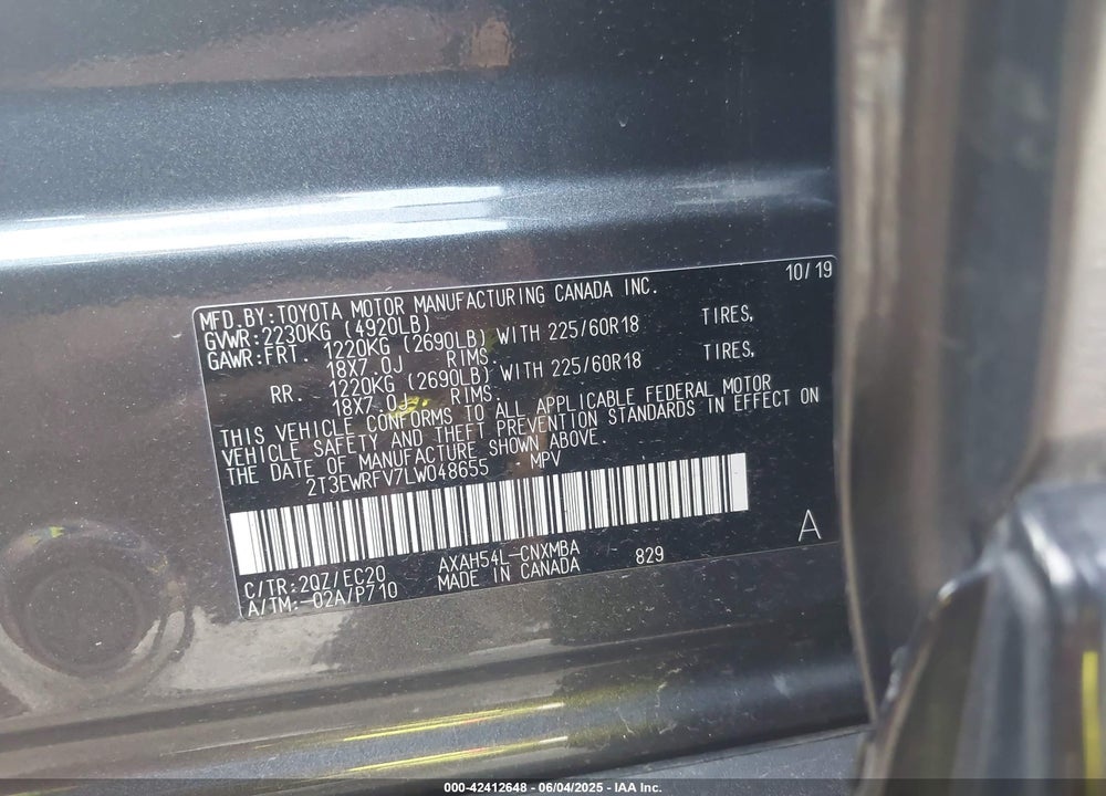 2020 TOYOTA RAV4 VIN: 2T3EWRFV7LW048655