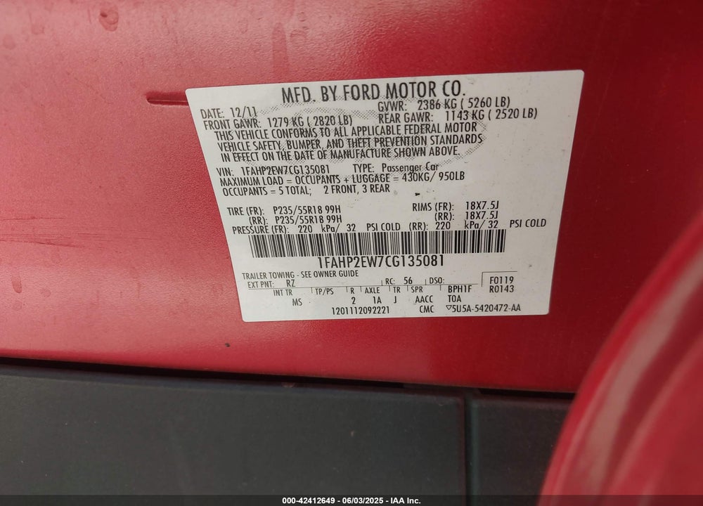 2012 FORD TAURUS VIN: 1FAHP2EW7CG135081