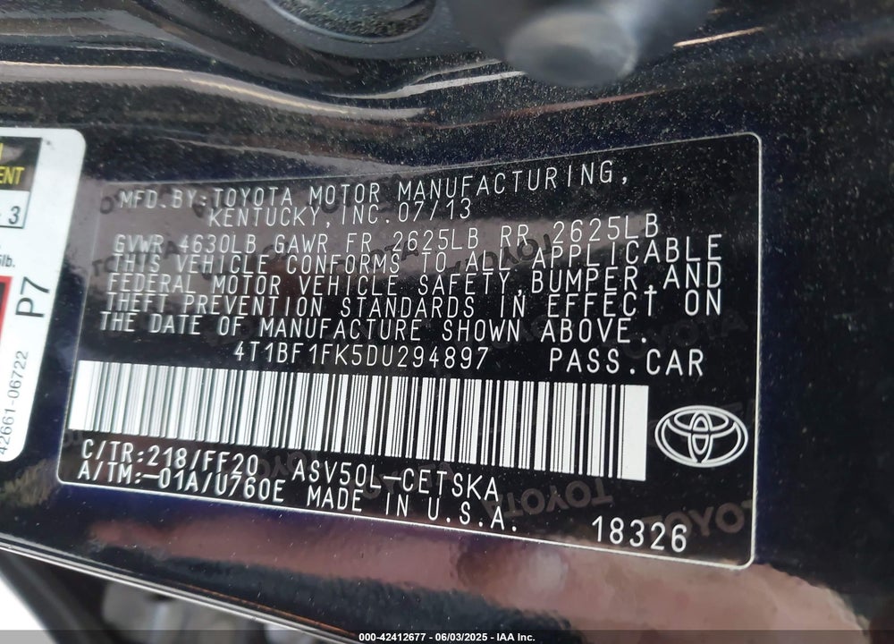 2013 TOYOTA CAMRY VIN: 4T1BF1FK5DU294897