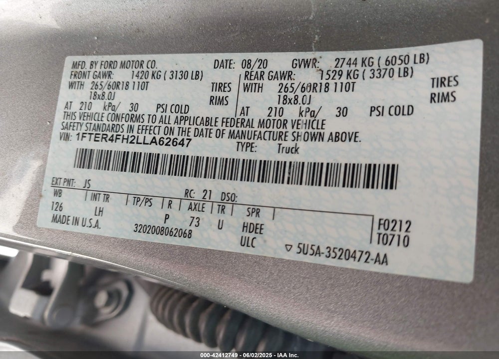 2020 FORD RANGER VIN: 1FTER4FH2LLA62647