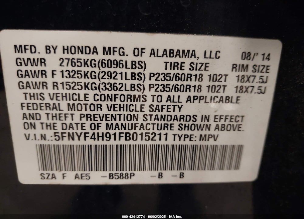 2015 HONDA PILOT VIN: 5FNYF4H91FB015211