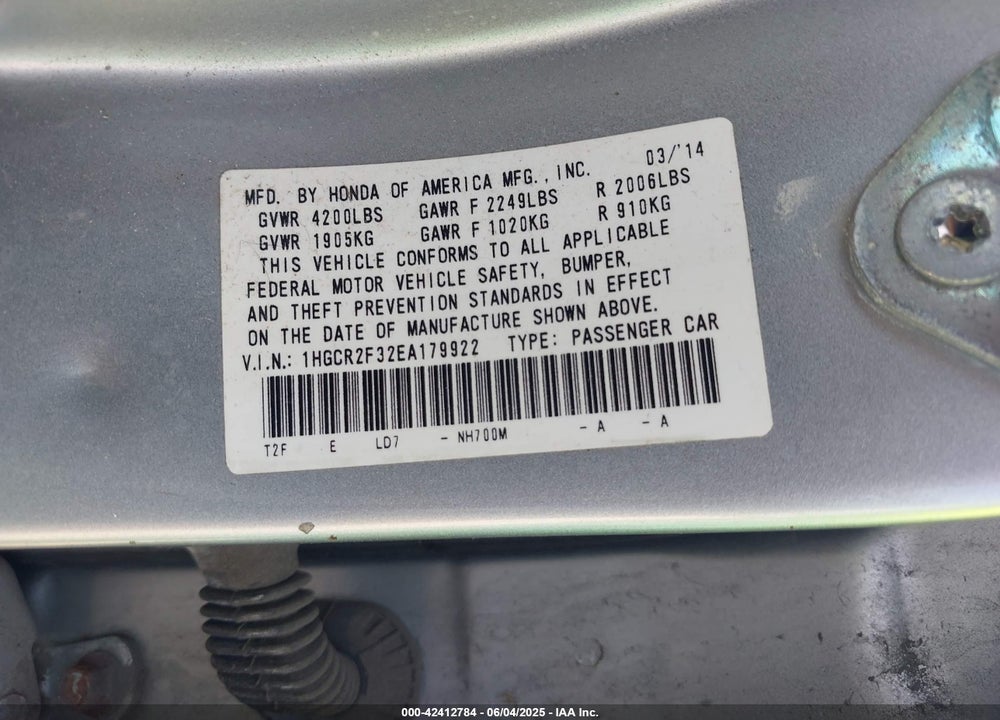 2014 HONDA ACCORD VIN: 1HGCR2F32EA179922