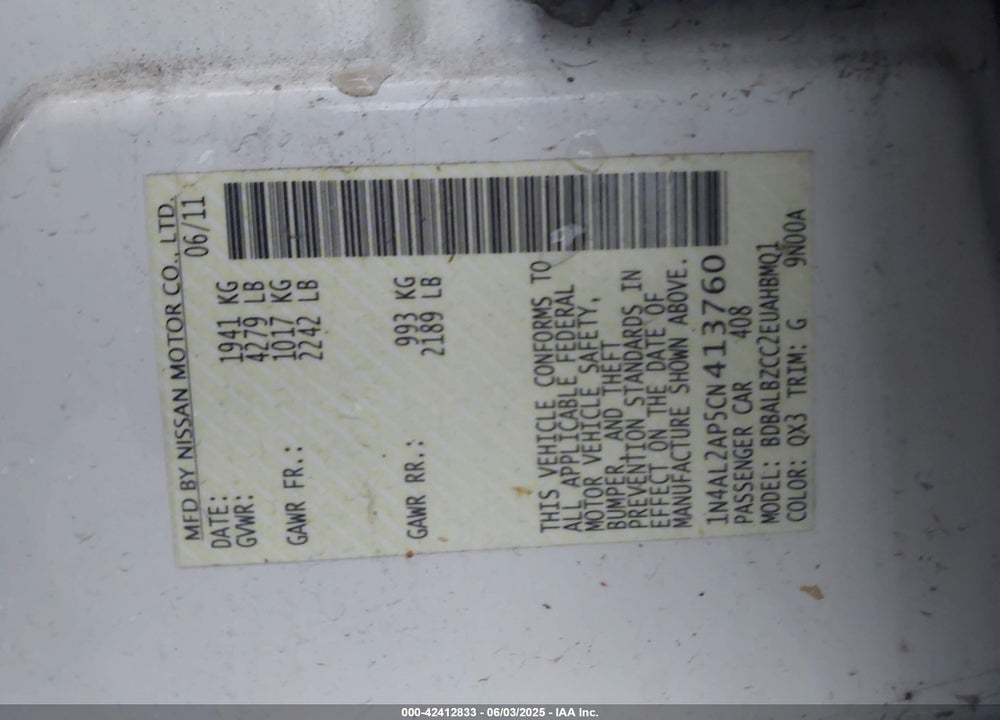 2012 NISSAN ALTIMA 2.5 S VIN: 1N4AL2AP5CN413760