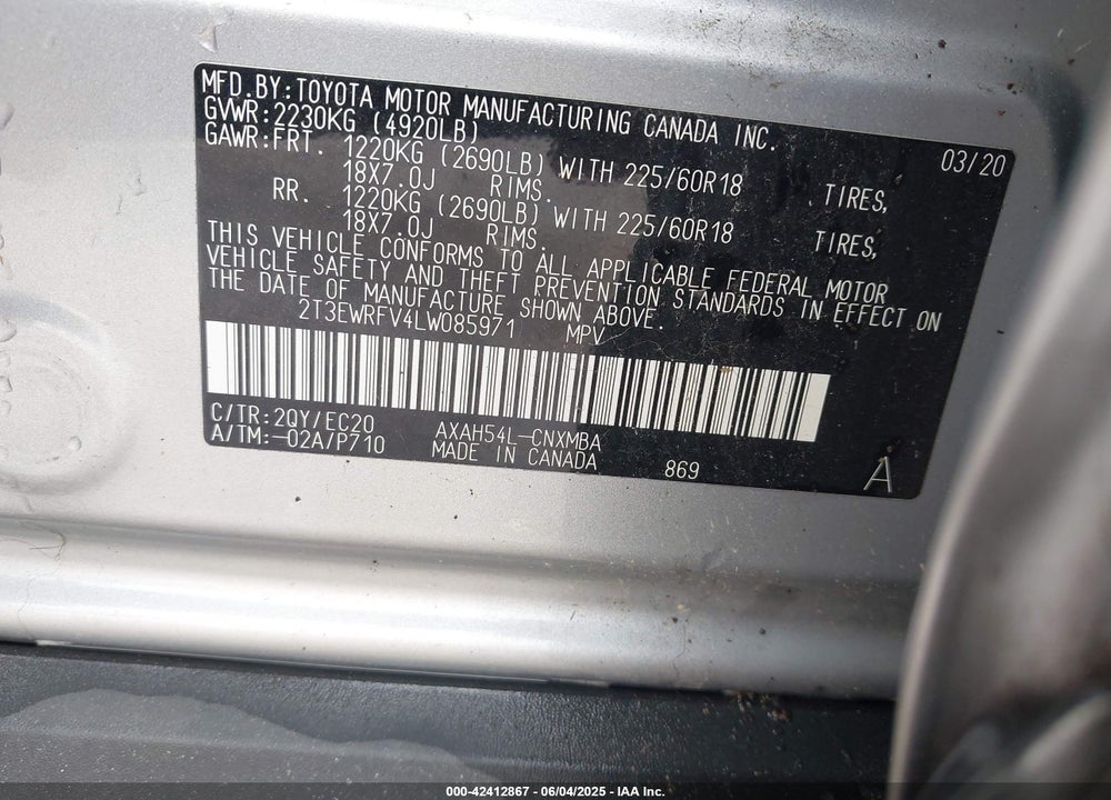 2020 TOYOTA RAV4 HYBRID VIN: 2T3EWRFV4LW085971