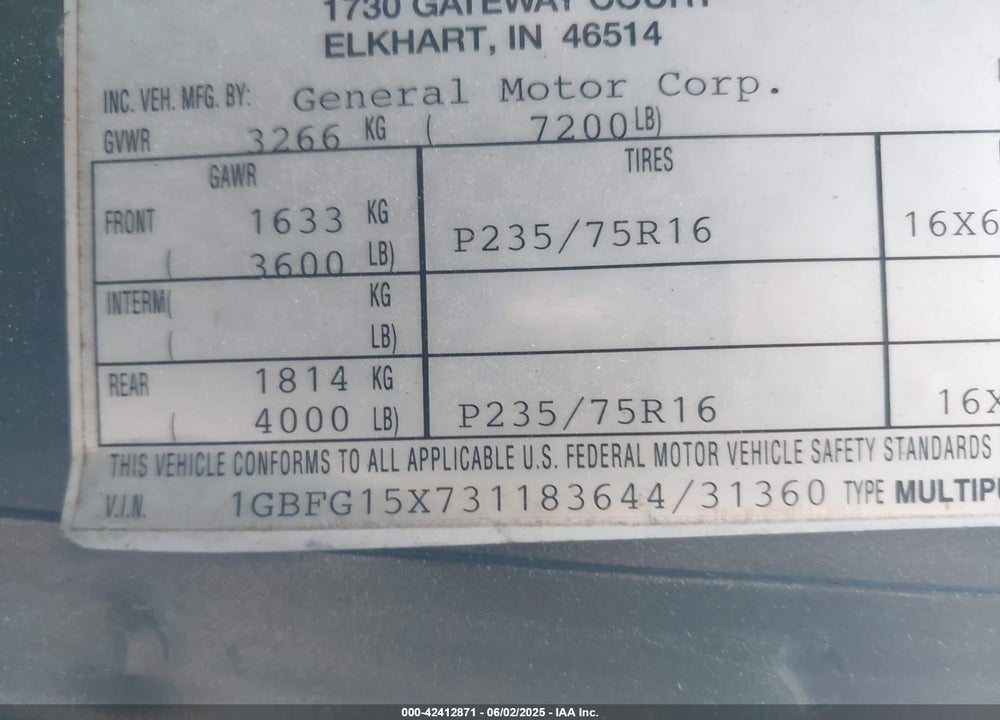 2003 CHEVROLET EXPRESS UPFITTER VIN: 1GBFG15X731183644
