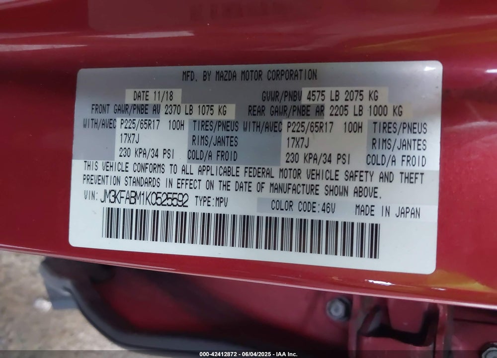 2019 MAZDA CX-5 SPORT VIN: JM3KFABM1K0525592