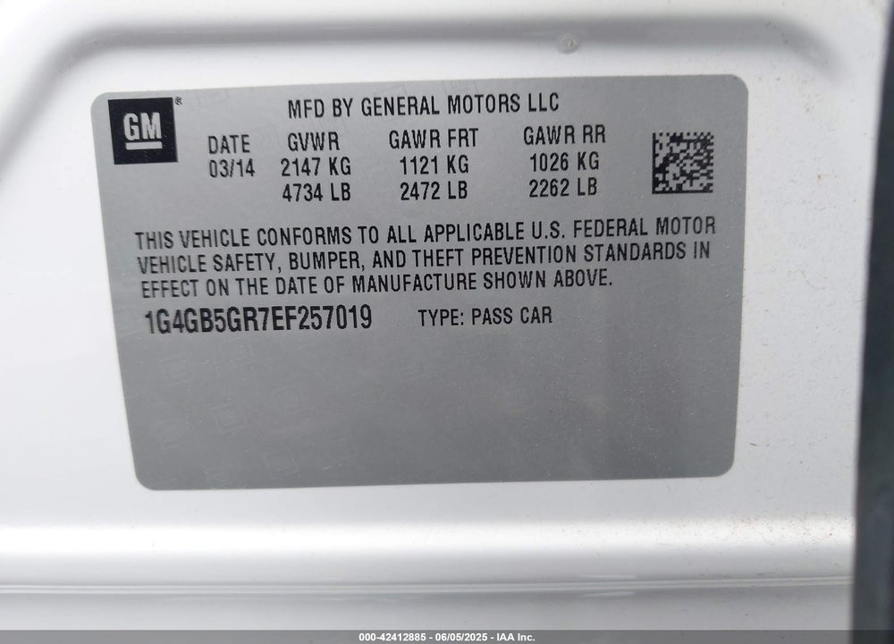 2014 BUICK LACROSSE LEATHER GROUP VIN: 1G4GB5GR7EF257019