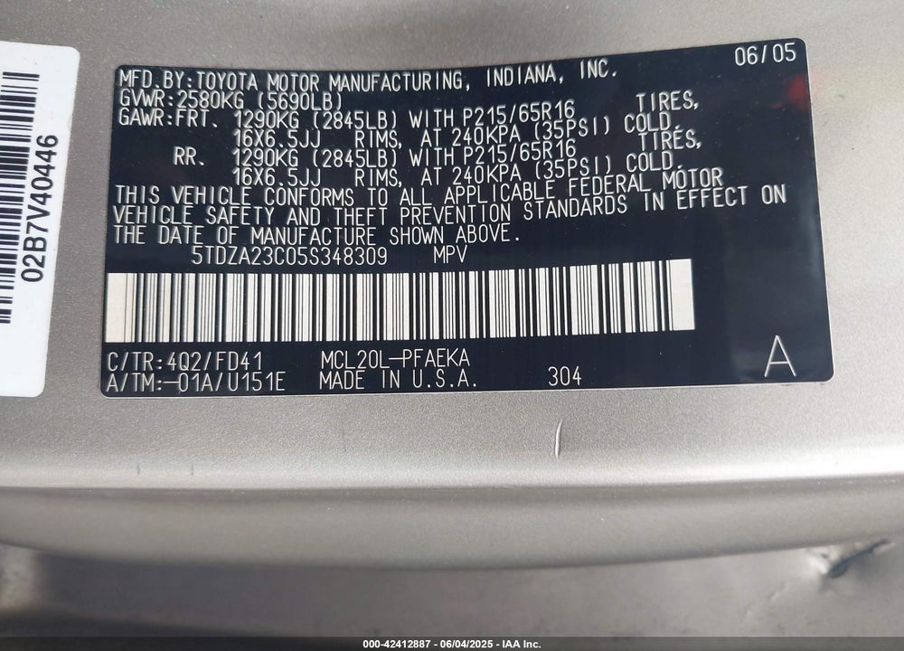 2005 TOYOTA SIENNA VIN: 5TDZA23C05S348309