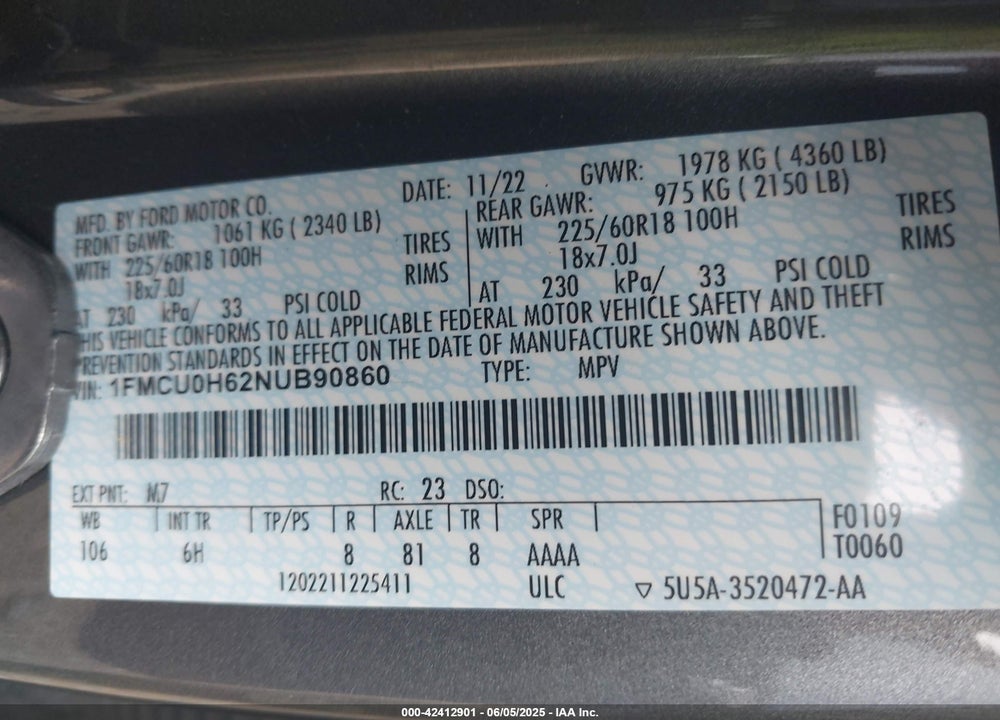 2022 FORD ESCAPE VIN: 1FMCU0H62NUB90860