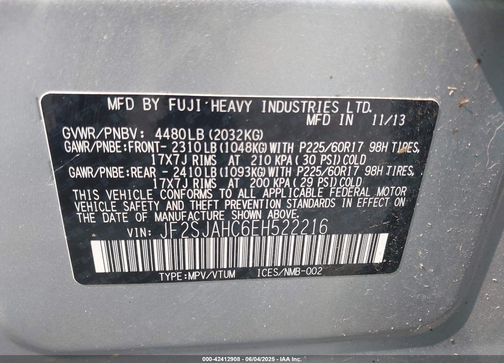 2014 SUBARU FORESTER VIN: JF2SJAHC6EH522216
