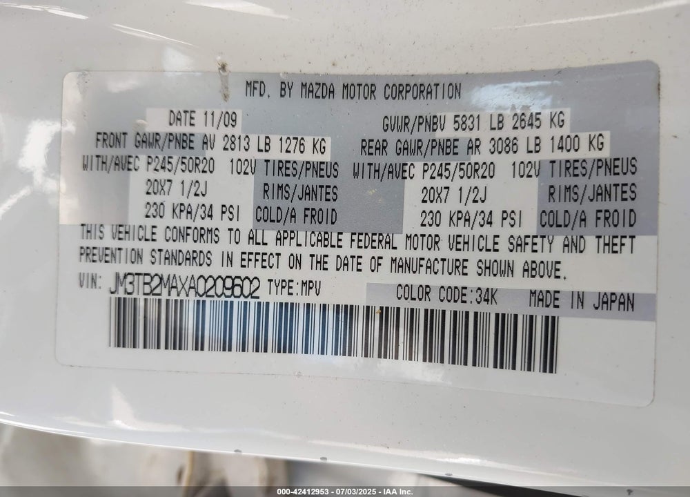 2010 MAZDA CX-9 VIN: JM3TB2MAXA0209602