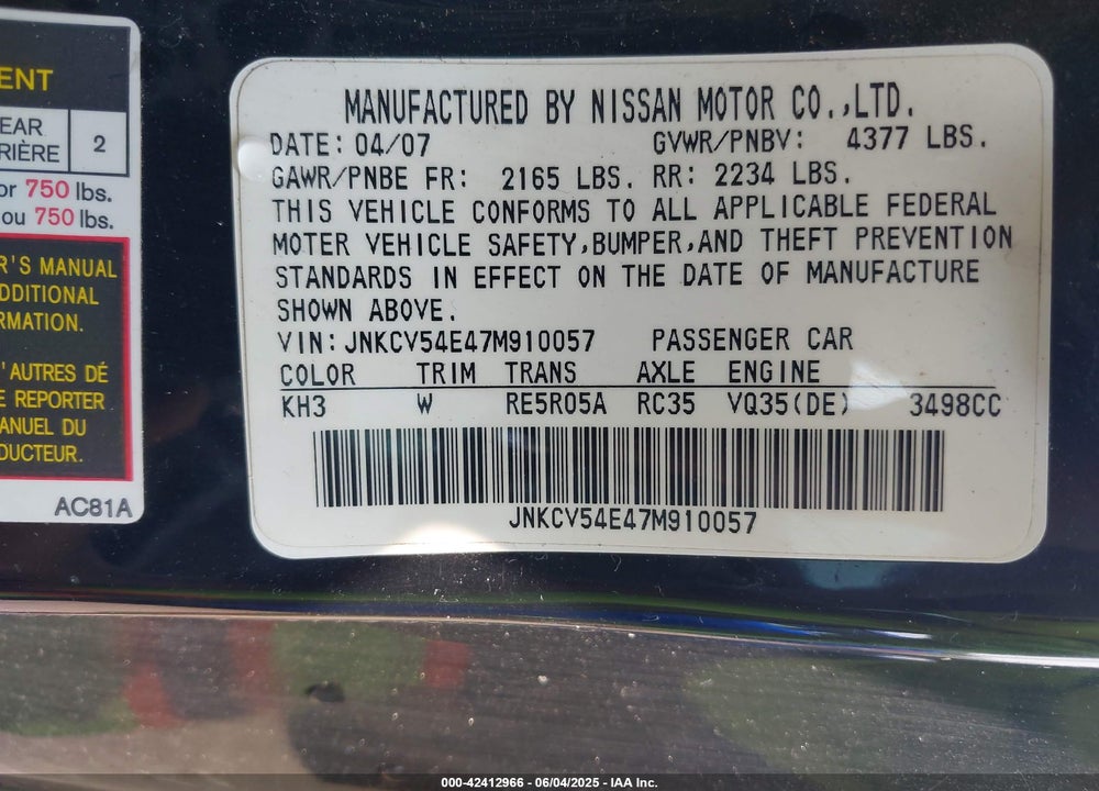 2007 INFINITI G35 VIN: JNKCV54E47M910057