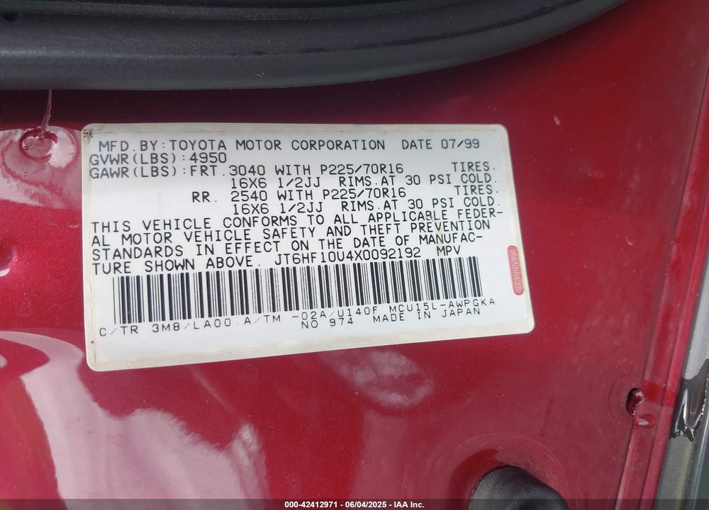 1999 LEXUS RX 300 VIN: JT6HF10U4X0092192