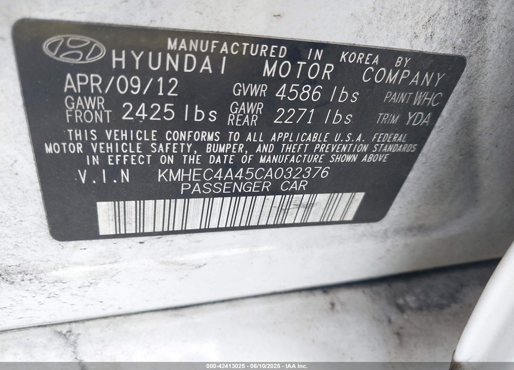 2012 HYUNDAI SONATA HYBRID VIN: KMHEC4A45CA032376