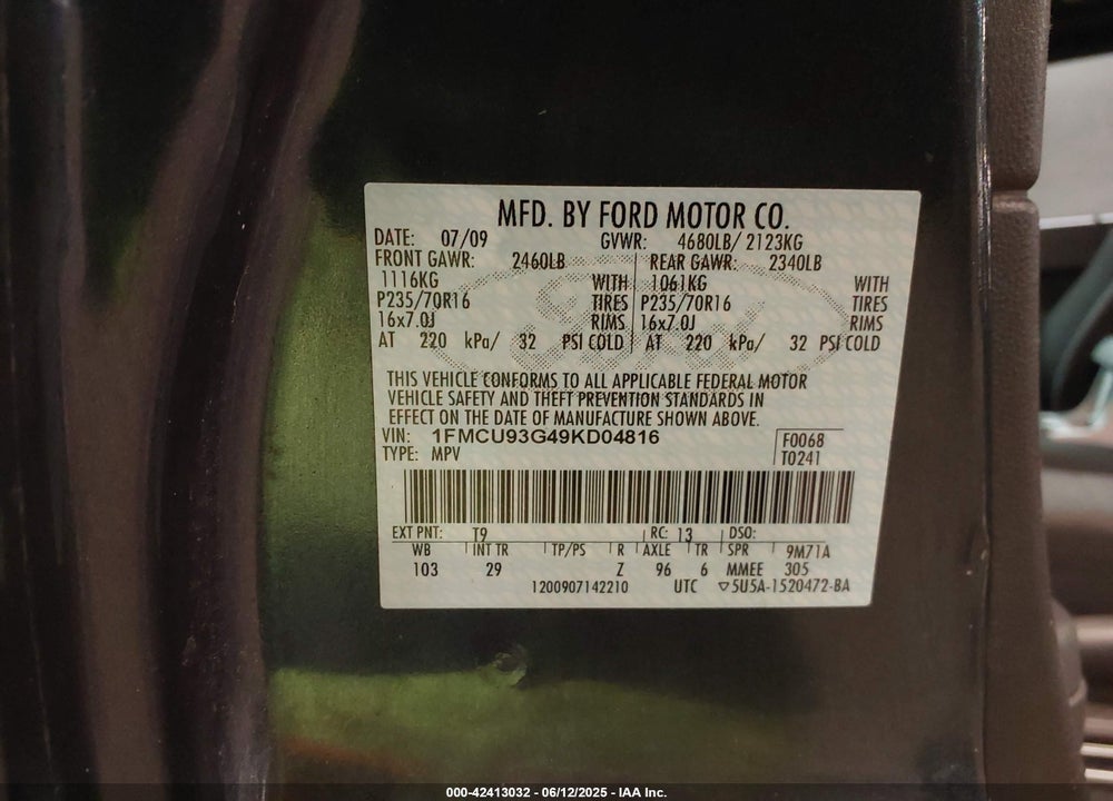 2009 FORD ESCAPE XLT VIN: 1FMCU93G49KD04816