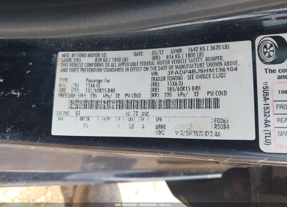 2017 FORD FIESTA VIN: 3FADP4BJ9HM136104