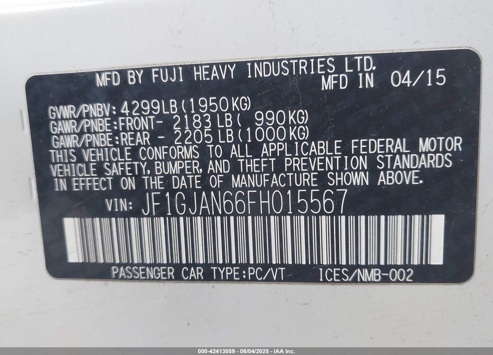 2015 SUBARU IMPREZA VIN: JF1GJAN66FH015567