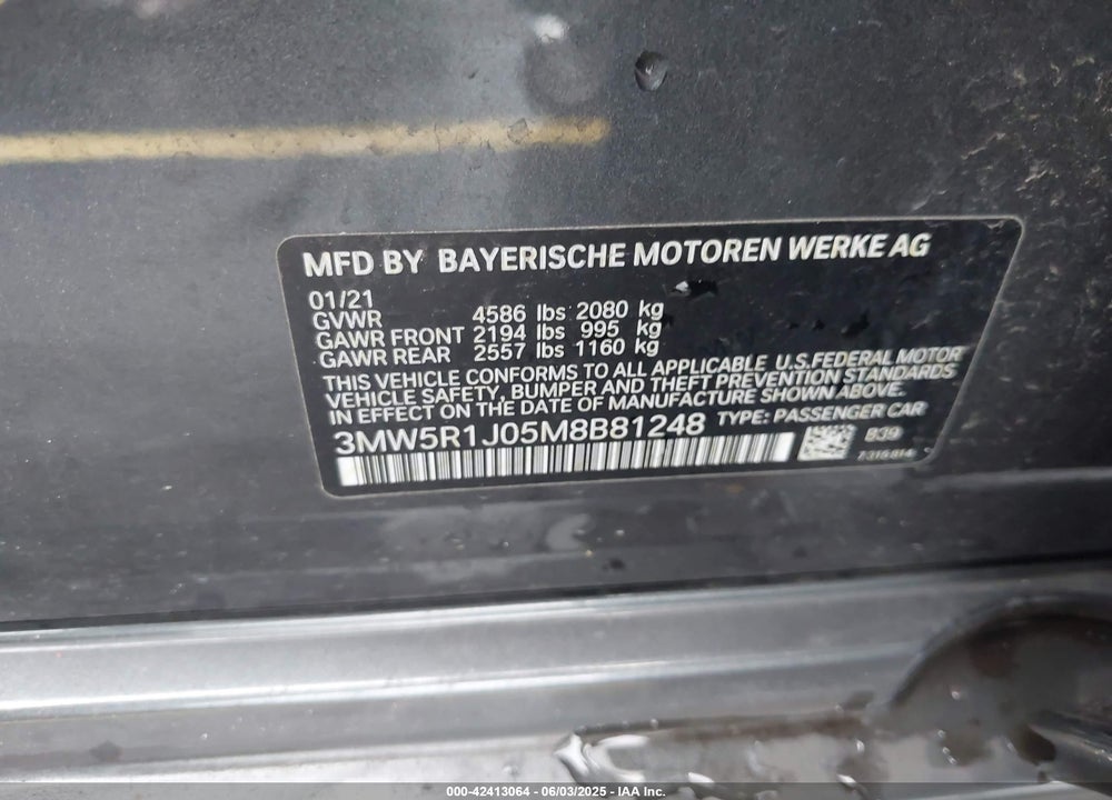 2021 BMW 330I VIN: 3MW5R1J05M8B81248