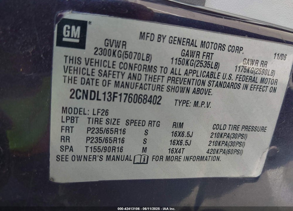 2007 CHEVROLET EQUINOX VIN: 2CNDL13F176068402