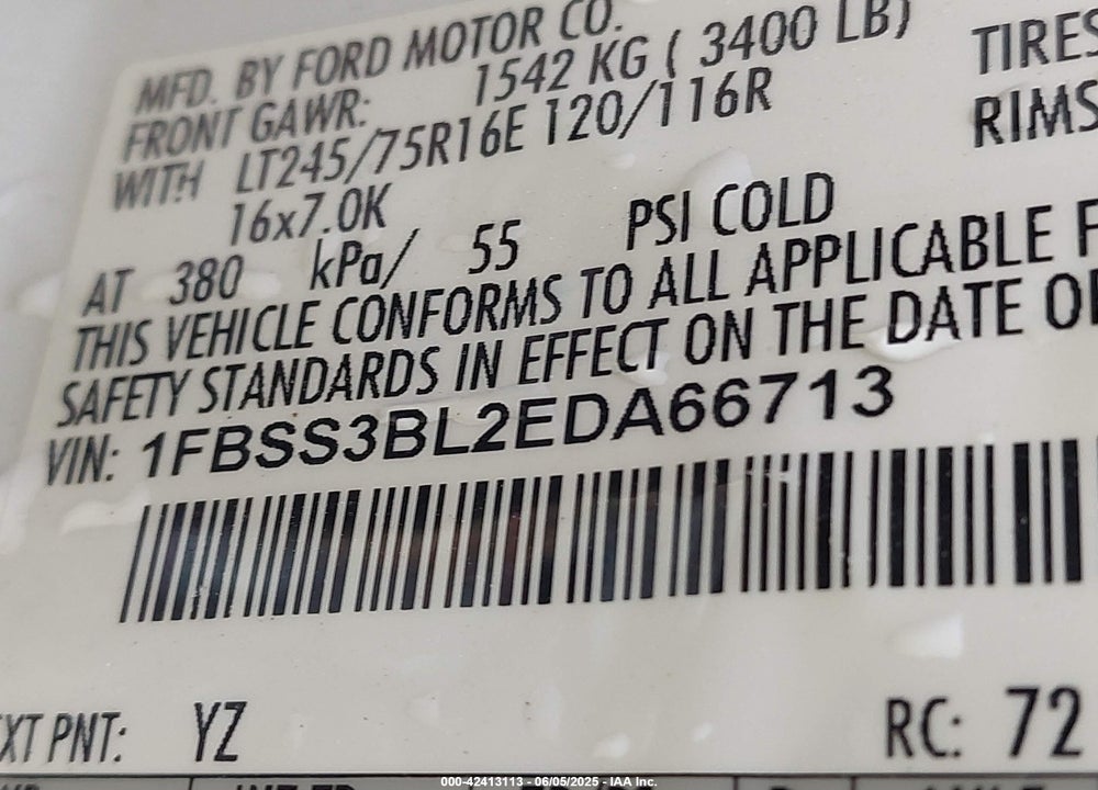 2014 FORD E-350 SUPER DUTY VIN: 1FBSS3BL2EDA66713