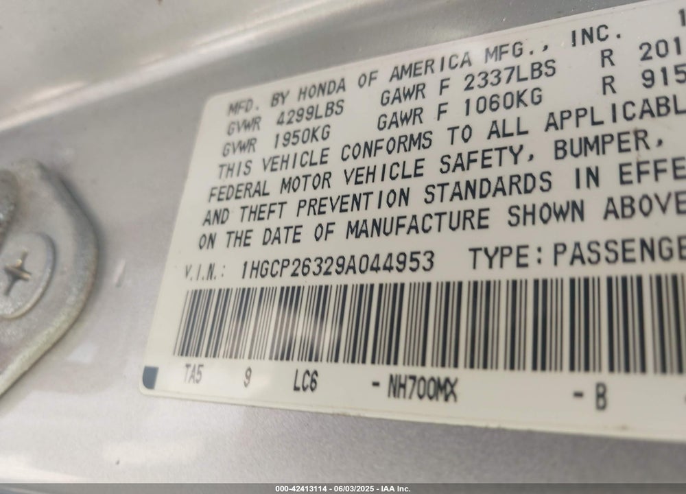 2009 HONDA ACCORD VIN: 1HGCP26329A044953