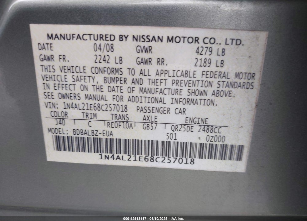 2008 NISSAN ALTIMA 2.5 S VIN: 1N4AL21E68C257018