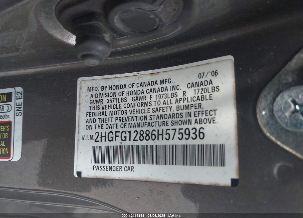 2006 HONDA CIVIC VIN: 2HGFG12886H575936