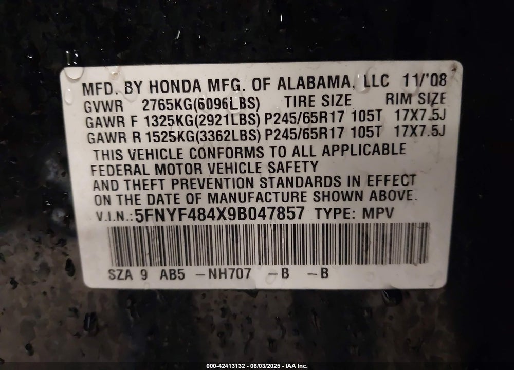 2009 HONDA PILOT EX VIN: 5FNYF484X9B047857