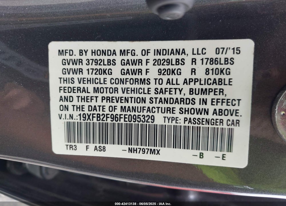 2015 HONDA CIVIC VIN: 19XFB2F96FE095329