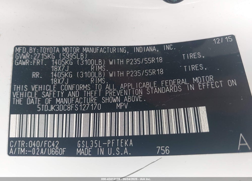 2015 TOYOTA SIENNA VIN: 5TDJK3DC8FS127170