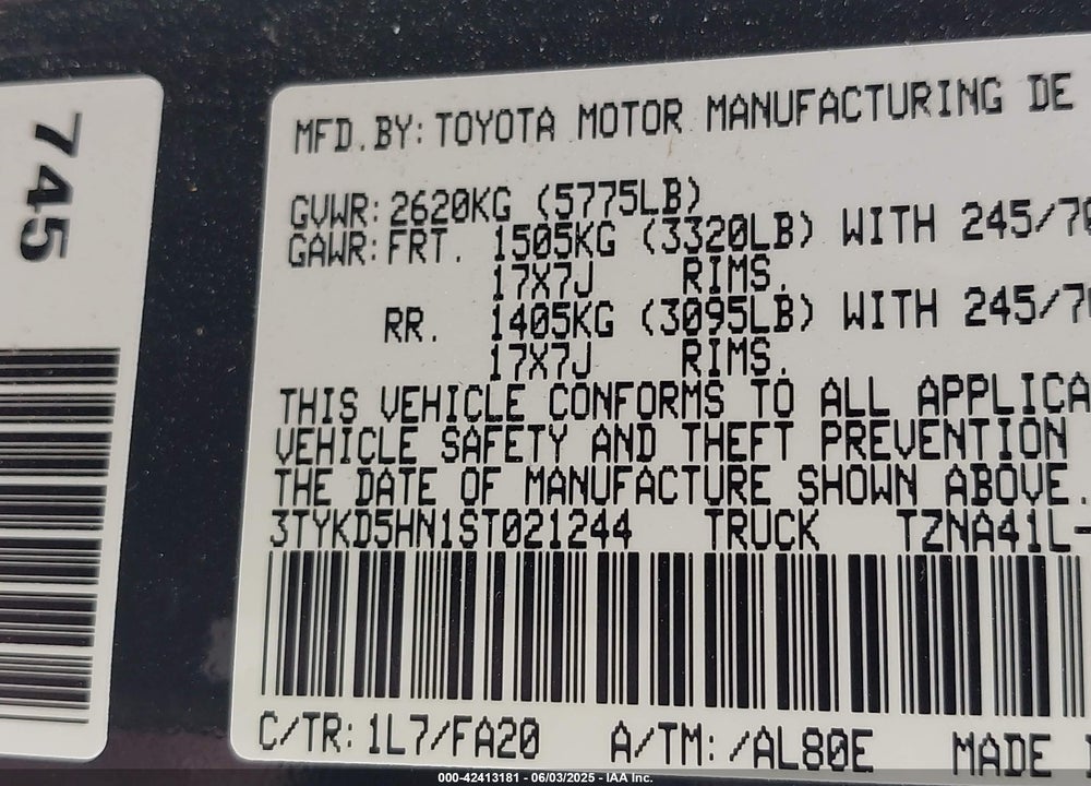 2025 TOYOTA TACOMA VIN: 3TYKD5HN1ST021244