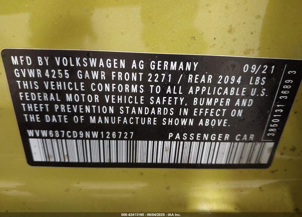 2022 VOLKSWAGEN GOLF GTI VIN: WVW687CD9NW126727