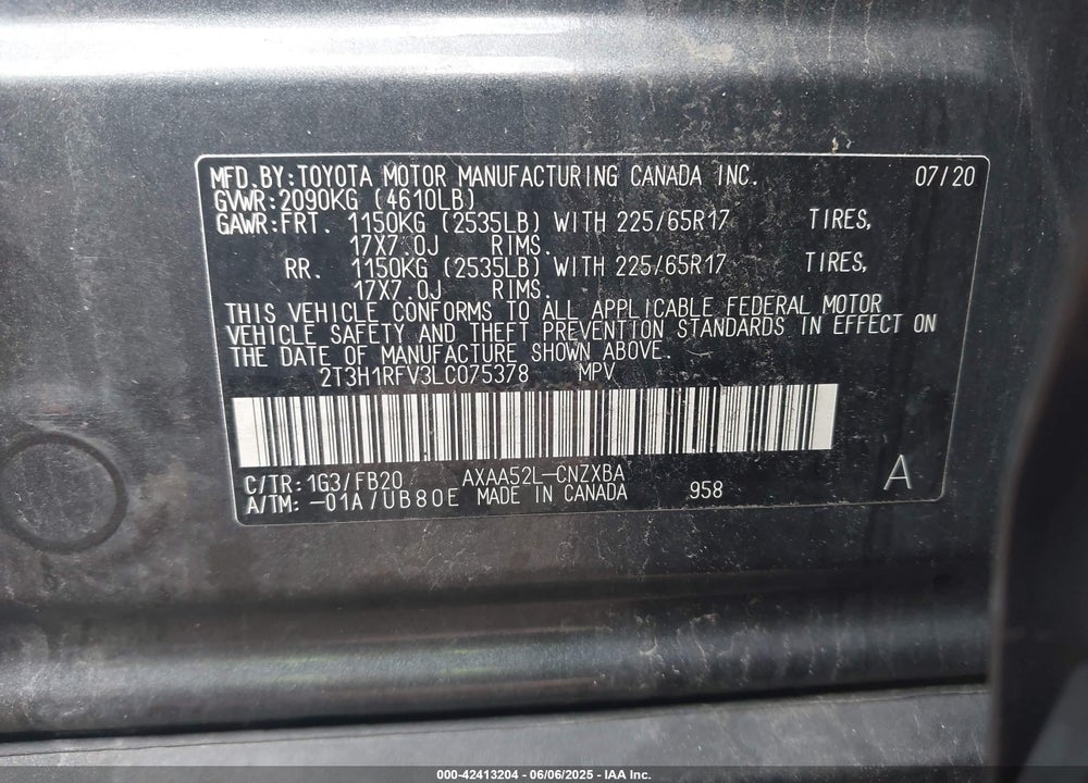 2020 TOYOTA RAV4 VIN: 2T3H1RFV3LC075378