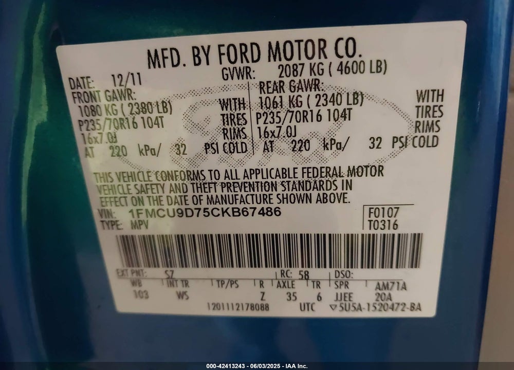 2012 FORD ESCAPE XLT VIN: 1FMCU9D75CKB67486