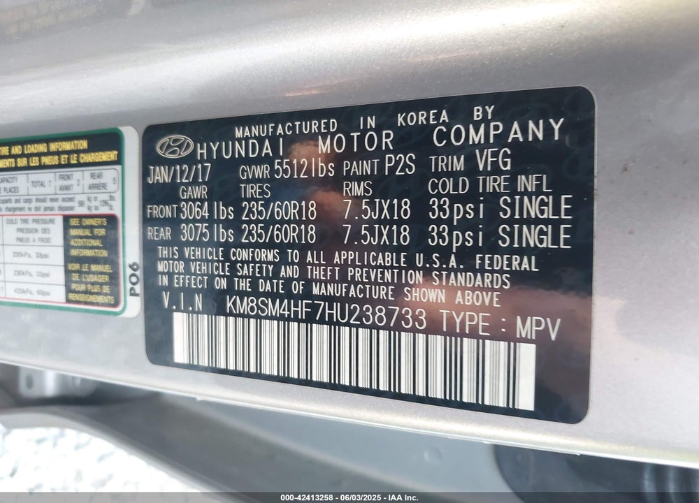 2017 HYUNDAI SANTA FE VIN: KM8SM4HF7HU238733