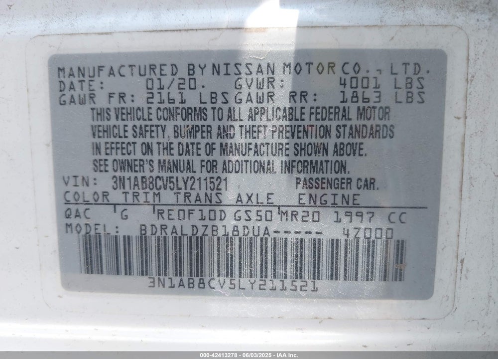 2020 NISSAN SENTRA VIN: 3N1AB8CV5LY211521
