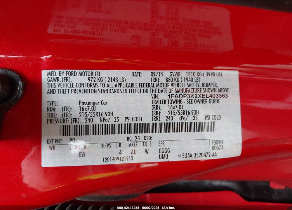 2014 FORD FOCUS VIN: 1FADP3K2XEL403363