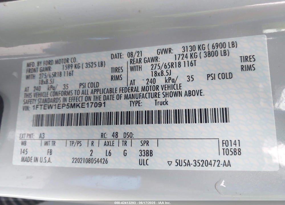 2021 FORD F-150 XLT VIN: 1FTEW1EP5MKE17091