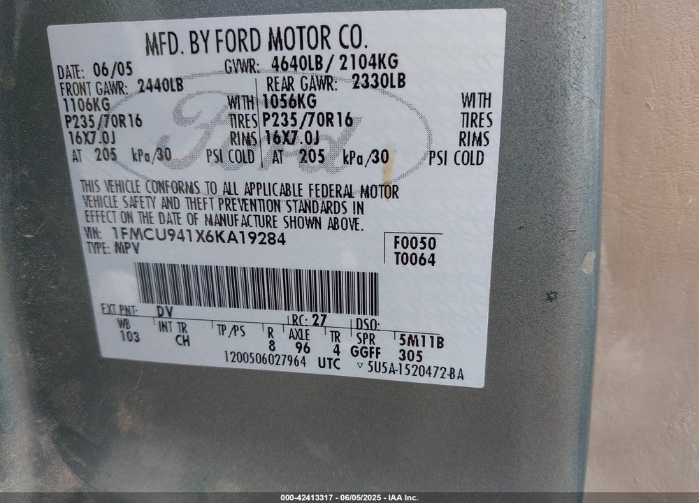 2006 FORD ESCAPE LIMITED VIN: 1FMCU941X6KA19284