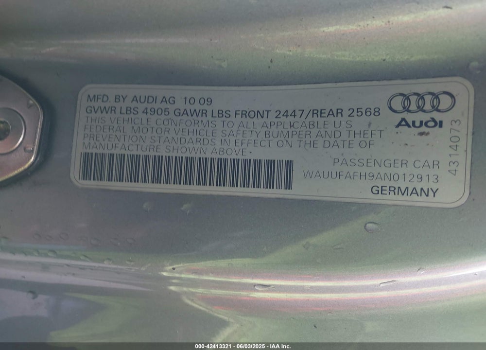 2010 AUDI A5 2.0T PREMIUM VIN: WAUUFAFH9AN012913