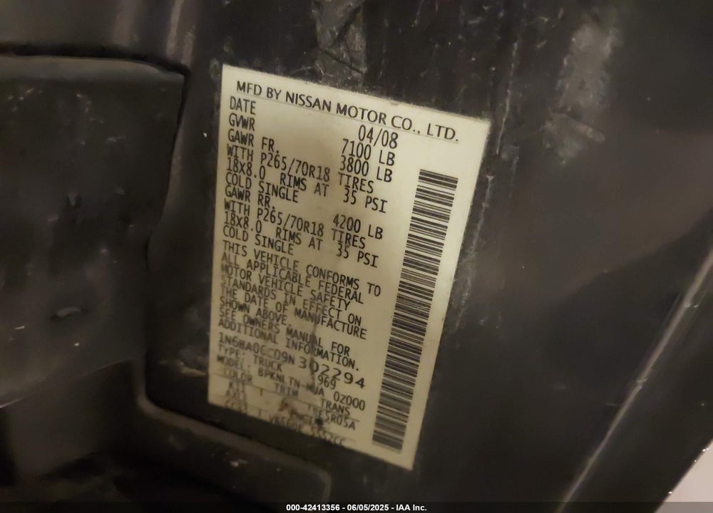 2009 NISSAN TITAN VIN: 1N6BA06C09N302294