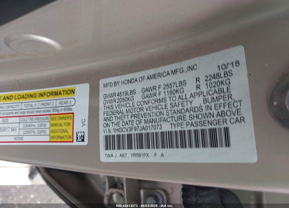 2018 HONDA ACCORD VIN: 1HGCV3F97JA017073