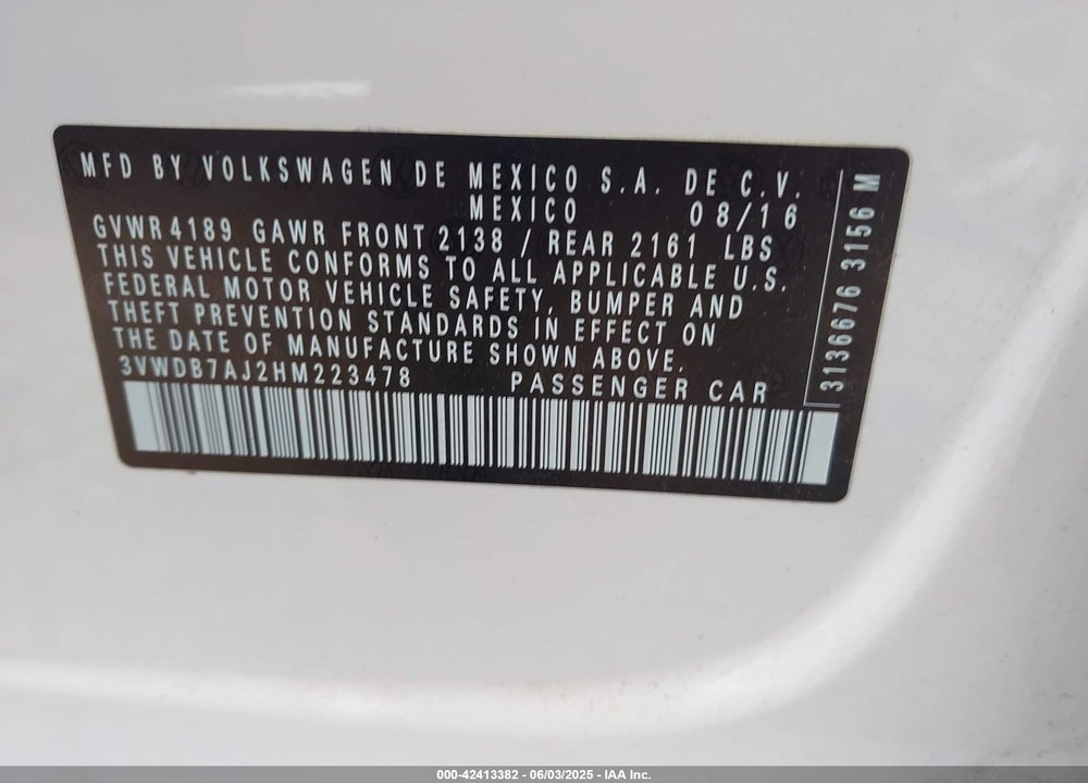 2017 VOLKSWAGEN JETTA 1.4T SE VIN: 3VWDB7AJ2HM223478