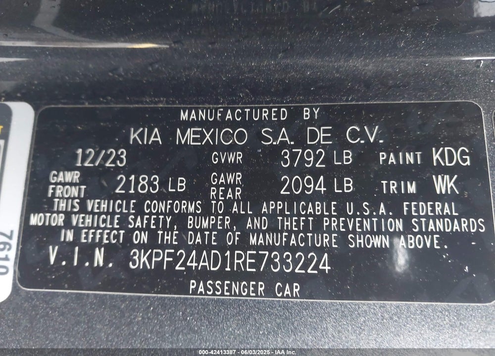 2024 KIA FORTE VIN: 3KPF24AD1RE733224