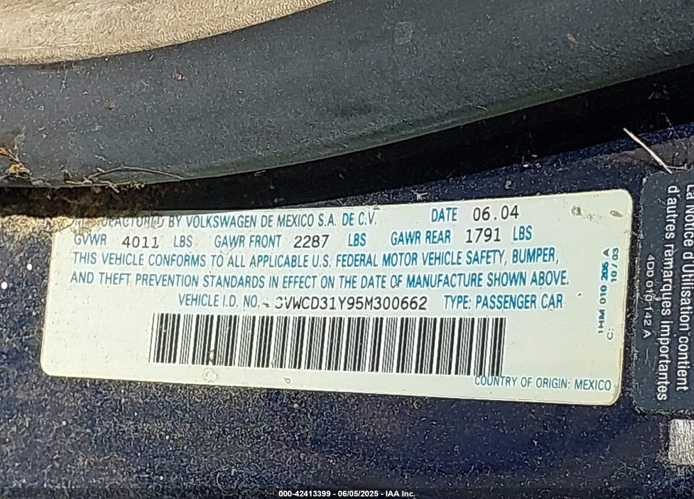 2005 VOLKSWAGEN NEW BEETLE GLS 1.8T VIN: 3VWCD31Y95M300662