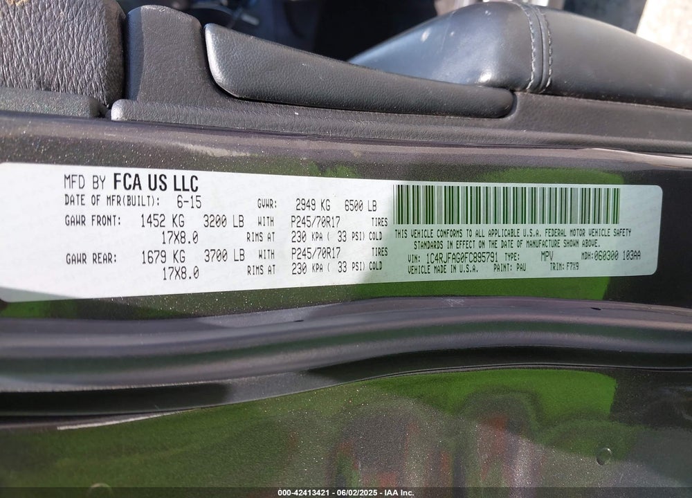 2015 JEEP GRAND CHEROKEE LAREDO VIN: 1C4RJFAG0FC895791